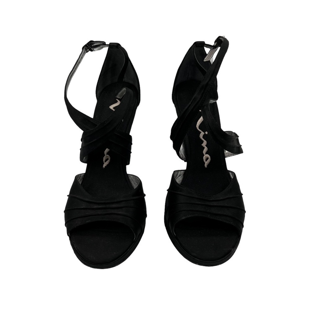 Nina Black Ankle Strap Leather Heeled Sandals Size 7 1/2 Women’s